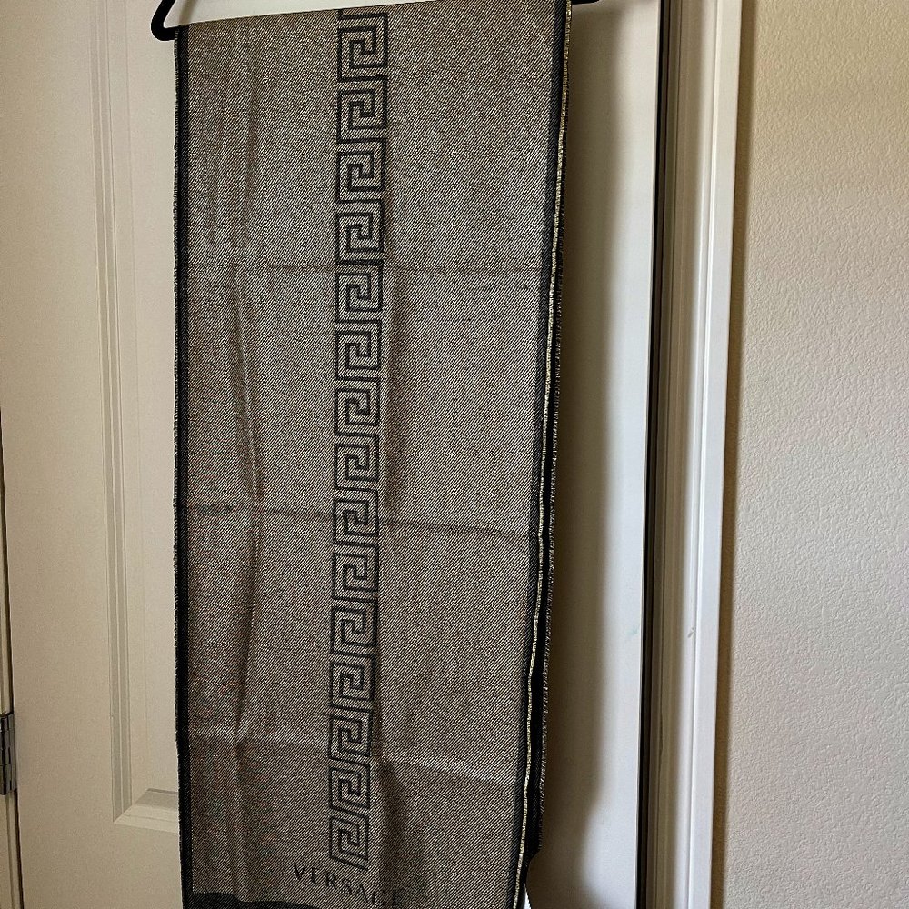 Versace Gold Khaki Metallic Wool Silk Scarf
